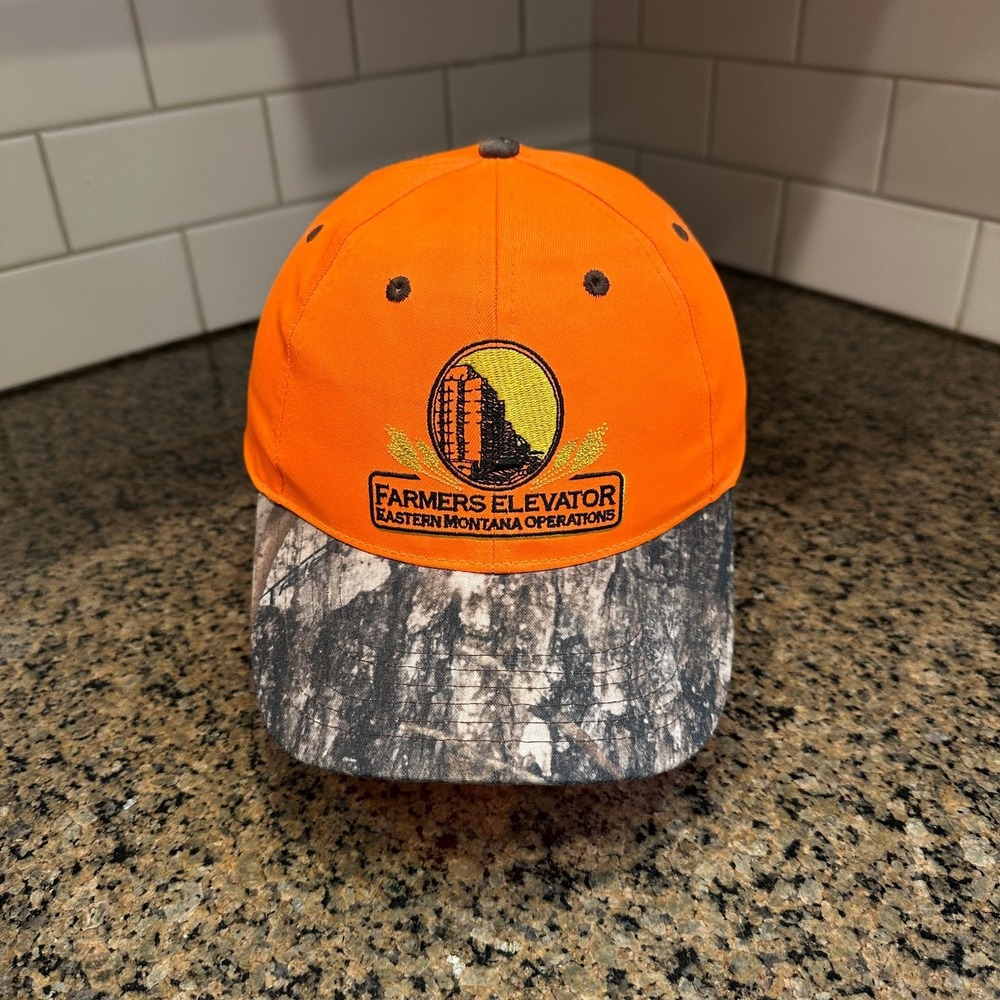 Farmers Elevator Eastern Montana CHS Hunting Hat Adjustable Orange Camo Base
